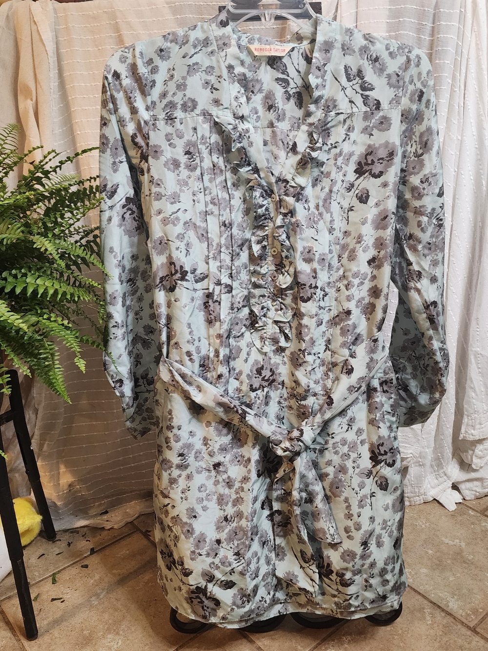 Rebecca‎ Taylor Silk Light Blue Floral Ruffle Midi Dress Pockets
